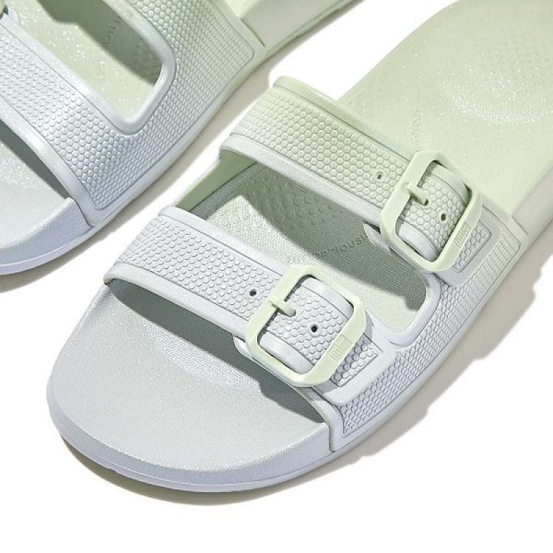 FitFlop Iqushion Iridescent Two Bar Buckle Sliders Women's Slides Blue | 754RAMTXQ