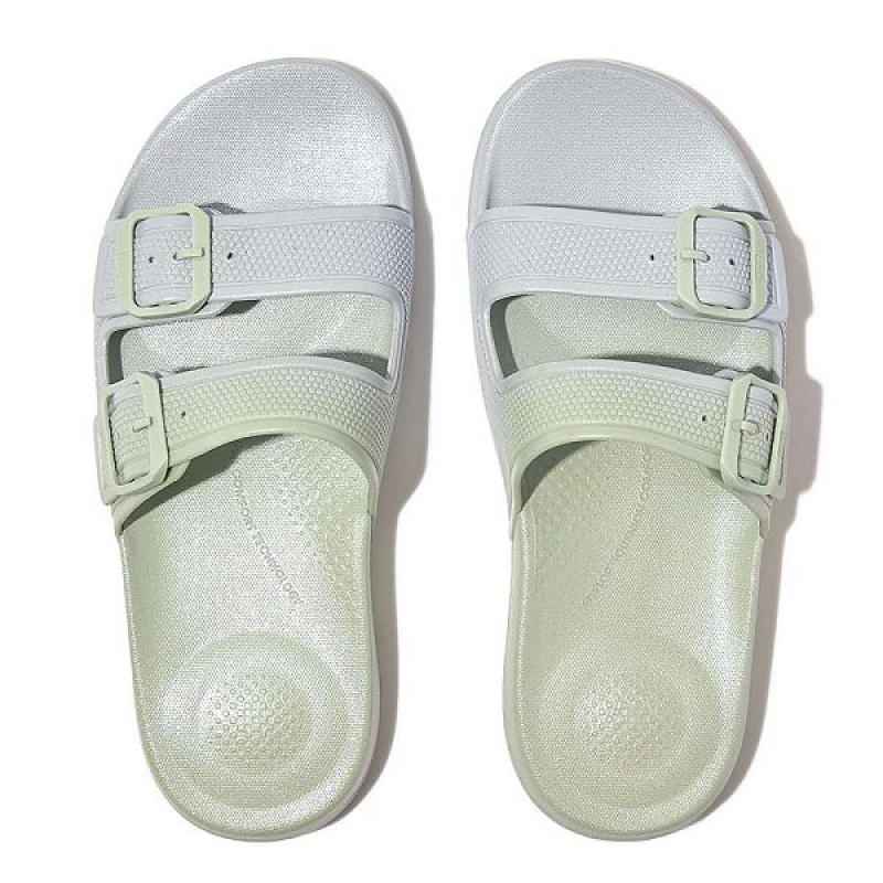 FitFlop Iqushion Iridescent Two Bar Buckle Sliders Women's Slides Blue | 754RAMTXQ