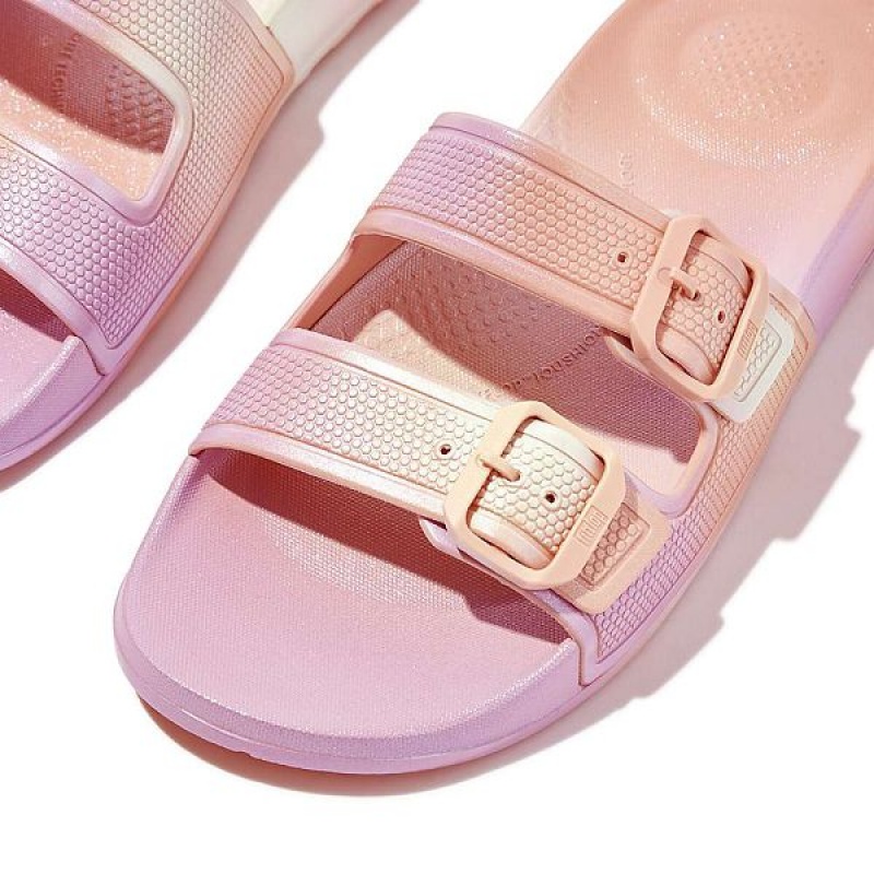 FitFlop Iqushion Iridescent Two Bar Buckle Sliders Women's Slides White | 253QANHRP