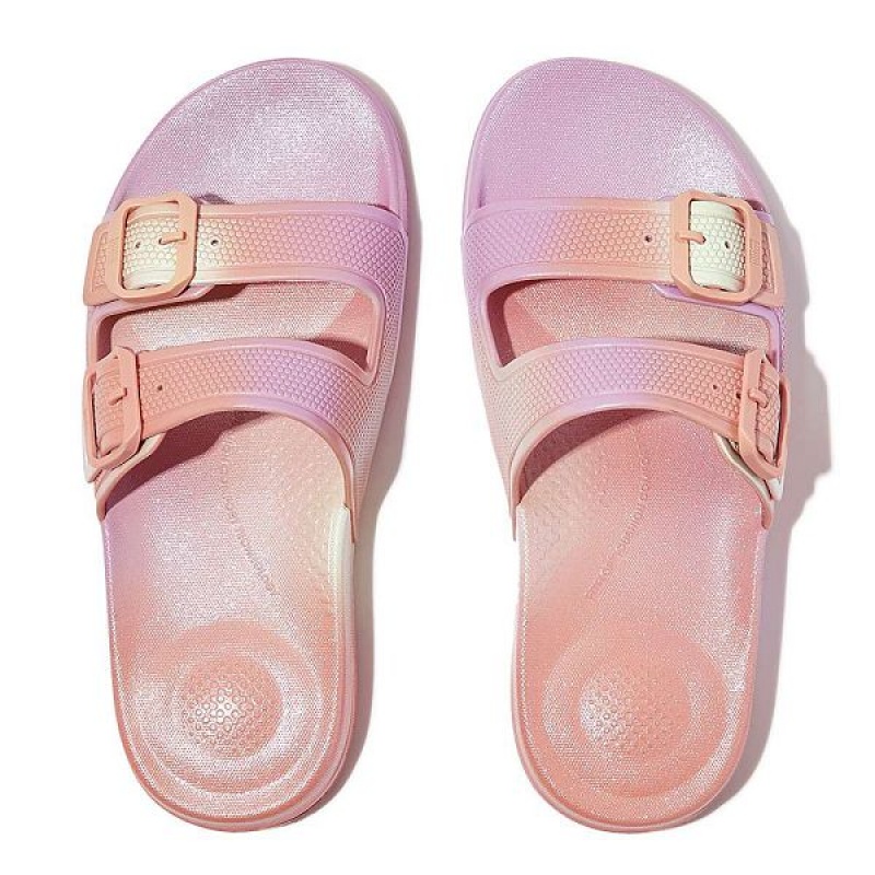 FitFlop Iqushion Iridescent Two Bar Buckle Sliders Women's Slides White | 253QANHRP