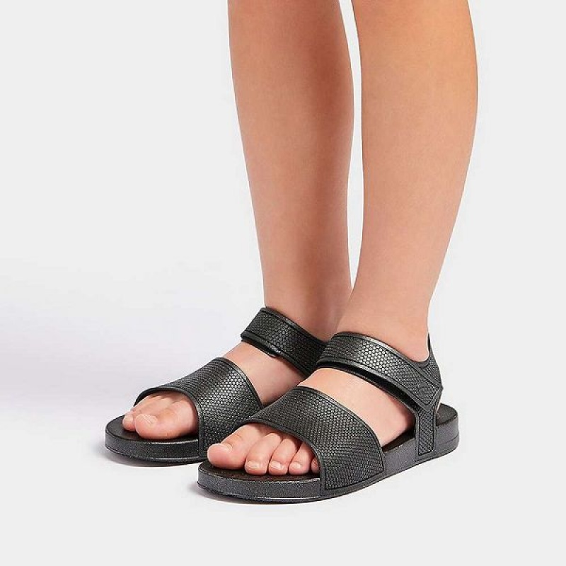 FitFlop Iqushion Junior Shimmer Ergonomic Back-Strap Kids' Sandals Black | 156TLBVAP