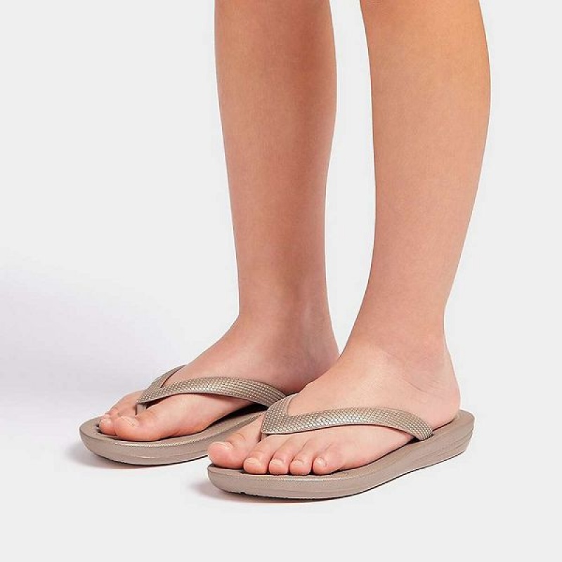 FitFlop Iqushion Junior Shimmer Ergonomic Kids' Flip Flops Rose Gold | 958FGESDA