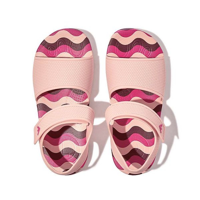 FitFlop Iqushion Junior Wave Print Ergonomic Back-Strap Kids' Sandals Pink / Light Blue | 571NECFOP