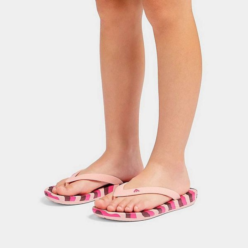 FitFlop Iqushion Junior Wave Print Ergonomic Kids' Flip Flops Pink / Light Blue | 514LAGQOF