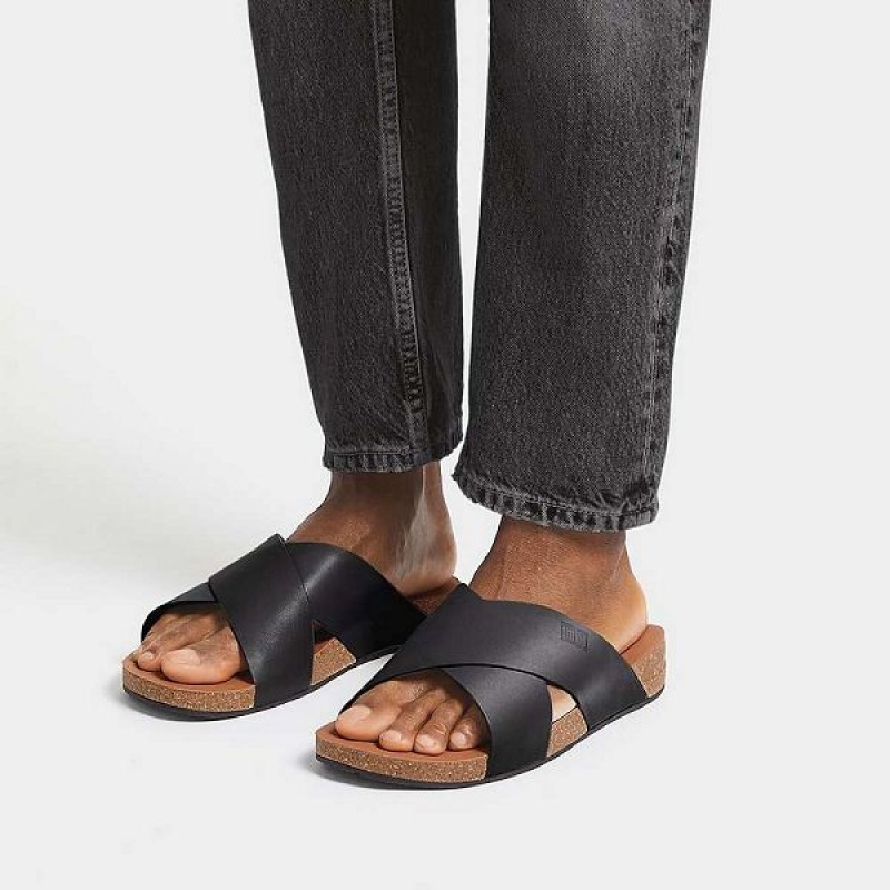 FitFlop Iqushion Leather Cross Men's Slides Black | 480PTQMZO