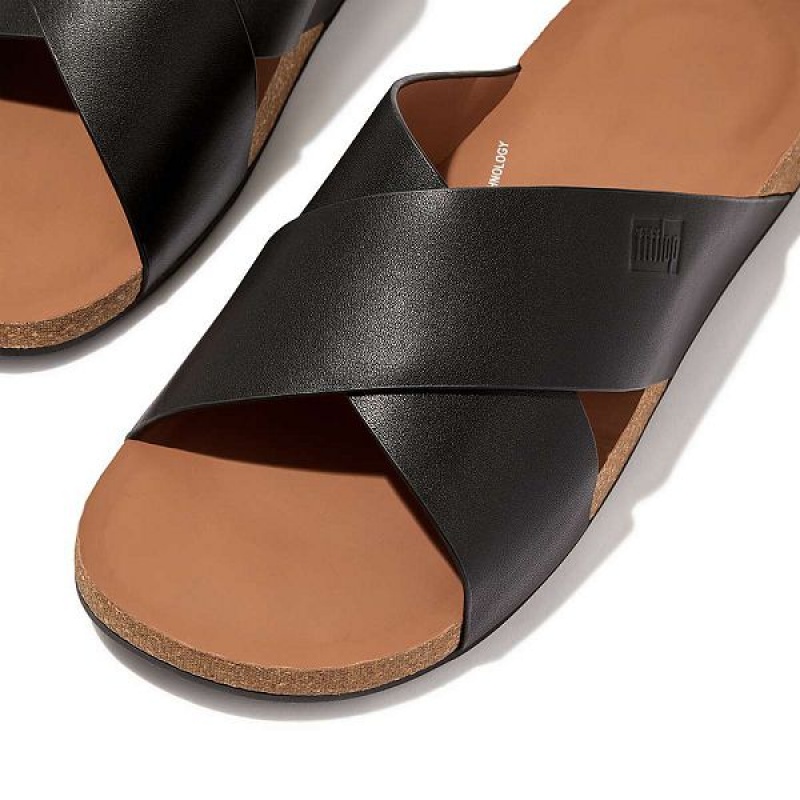 FitFlop Iqushion Leather Cross Men's Slides Black | 480PTQMZO