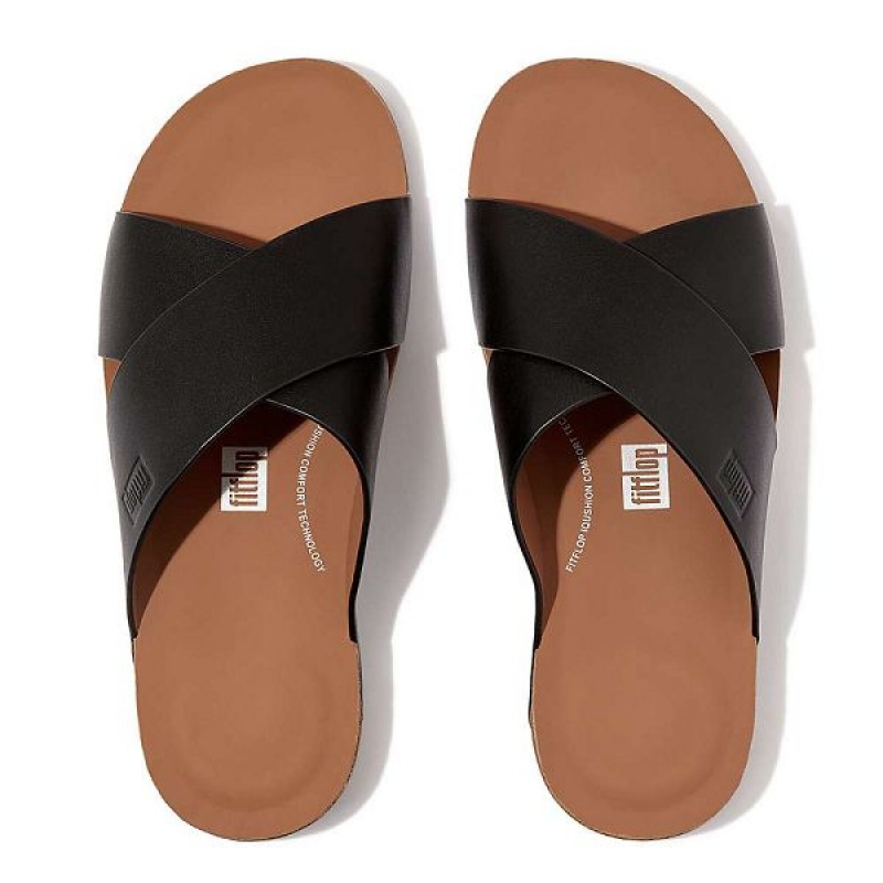 FitFlop Iqushion Leather Cross Men's Slides Black | 480PTQMZO