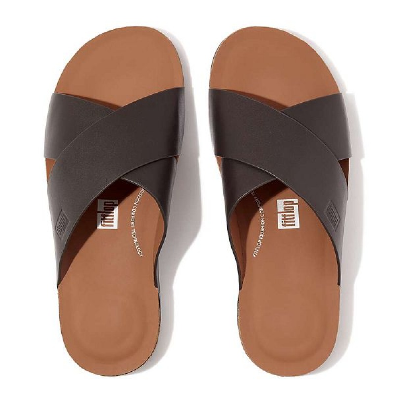 FitFlop Iqushion Leather Cross Men's Slides Brown | 987GJOKRC