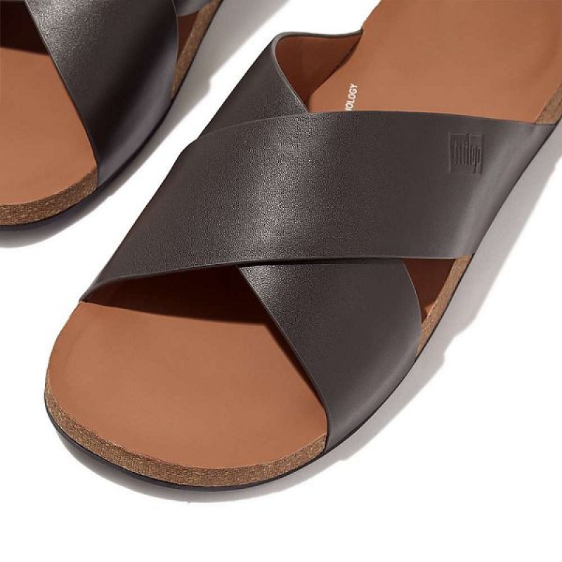 FitFlop Iqushion Leather Cross Men's Slides Brown | 987GJOKRC