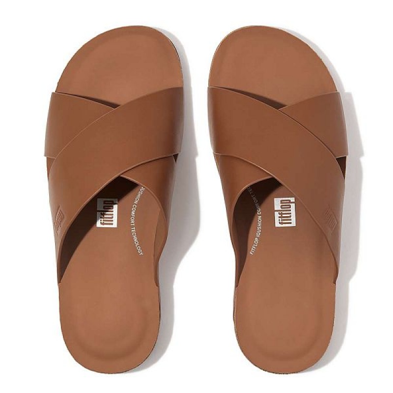 FitFlop Iqushion Leather Cross Men's Slides Light Brown | 681QOBWGR