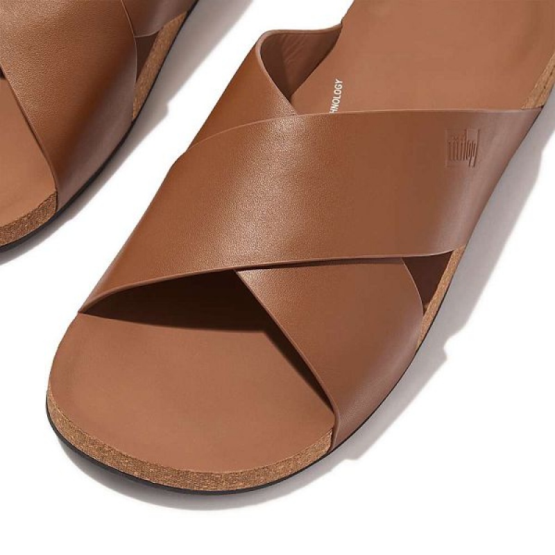 FitFlop Iqushion Leather Cross Men's Slides Light Brown | 681QOBWGR