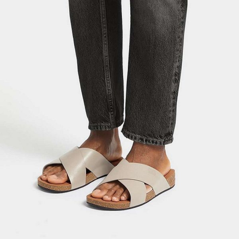 FitFlop Iqushion Leather Cross Men's Slides Grey | 079PTJVFD