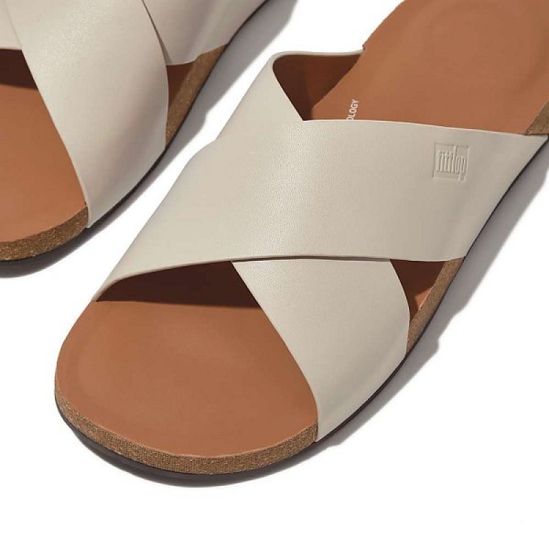 FitFlop Iqushion Leather Cross Men's Slides Grey | 079PTJVFD