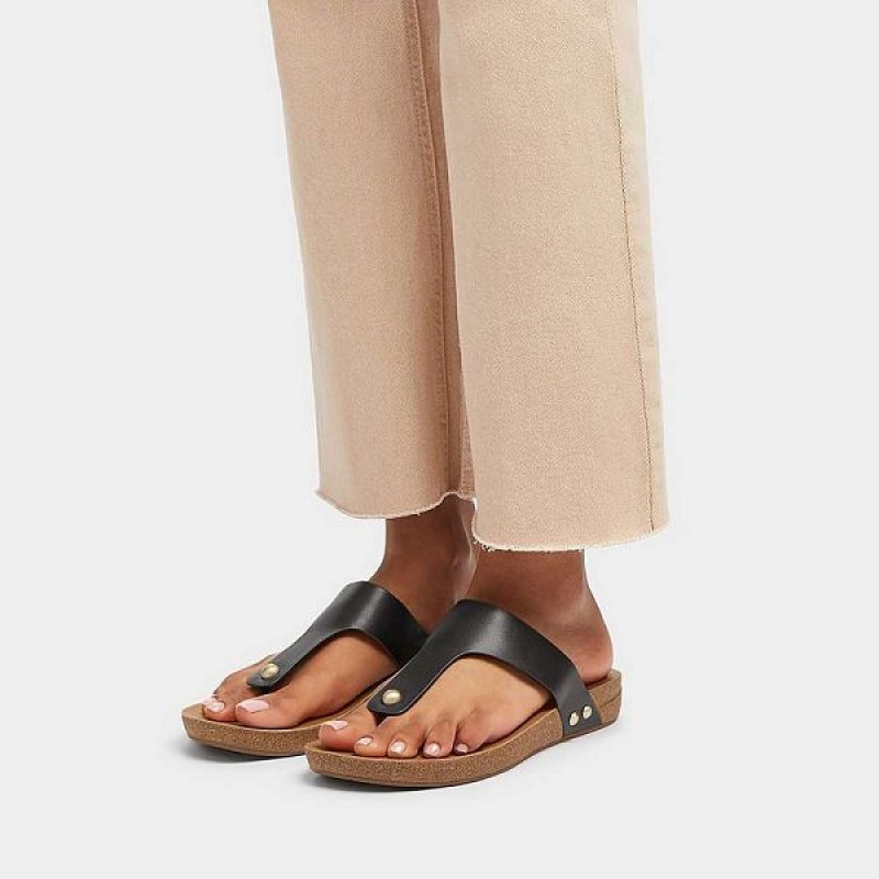 FitFlop Iqushion Leather Toe-Post Women's Sandals Black | 812RZXFGV