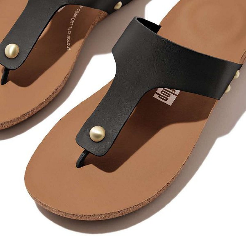 FitFlop Iqushion Leather Toe-Post Women's Sandals Black | 812RZXFGV