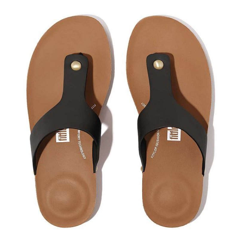 FitFlop Iqushion Leather Toe-Post Women's Sandals Black | 812RZXFGV