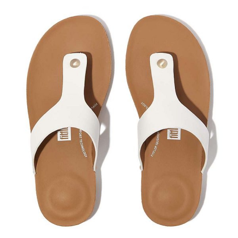 FitFlop Iqushion Leather Toe-Post Women's Sandals White | 245DHVJCF