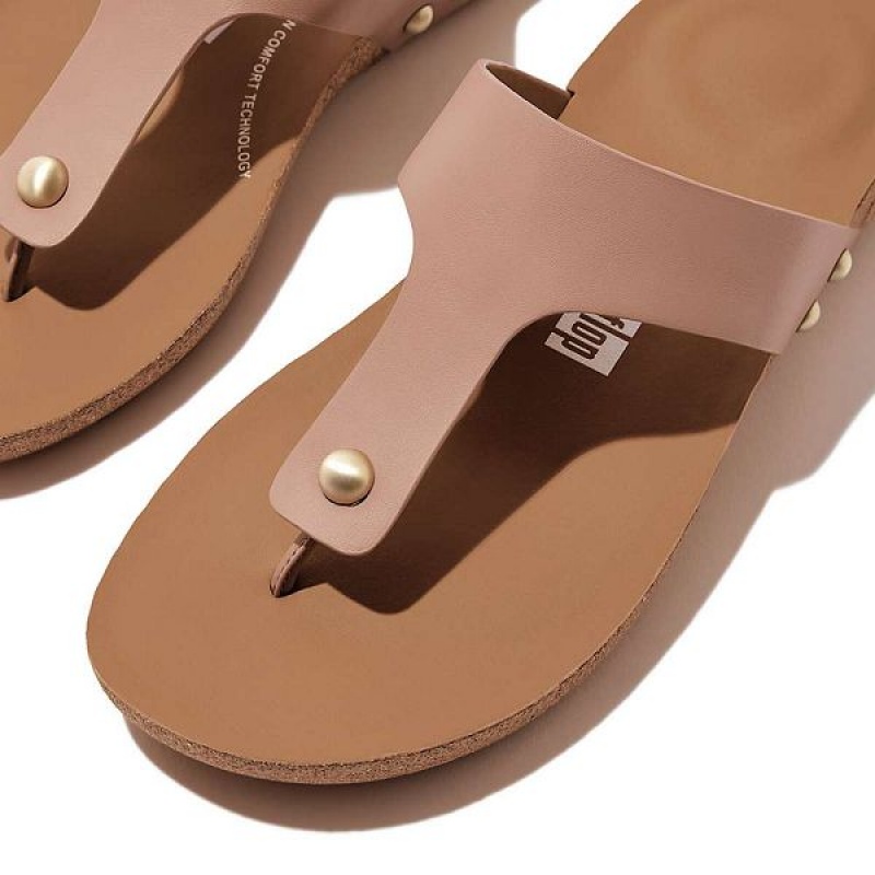 FitFlop Iqushion Leather Toe-Post Women's Sandals Beige | 530ATOCFN