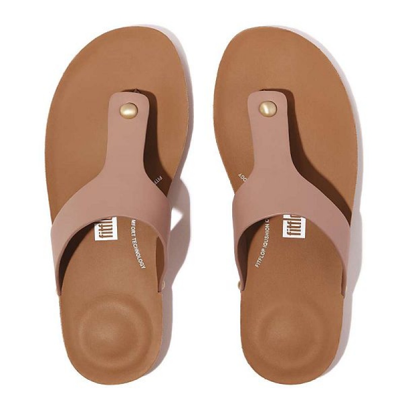 FitFlop Iqushion Leather Toe-Post Women's Sandals Beige | 530ATOCFN