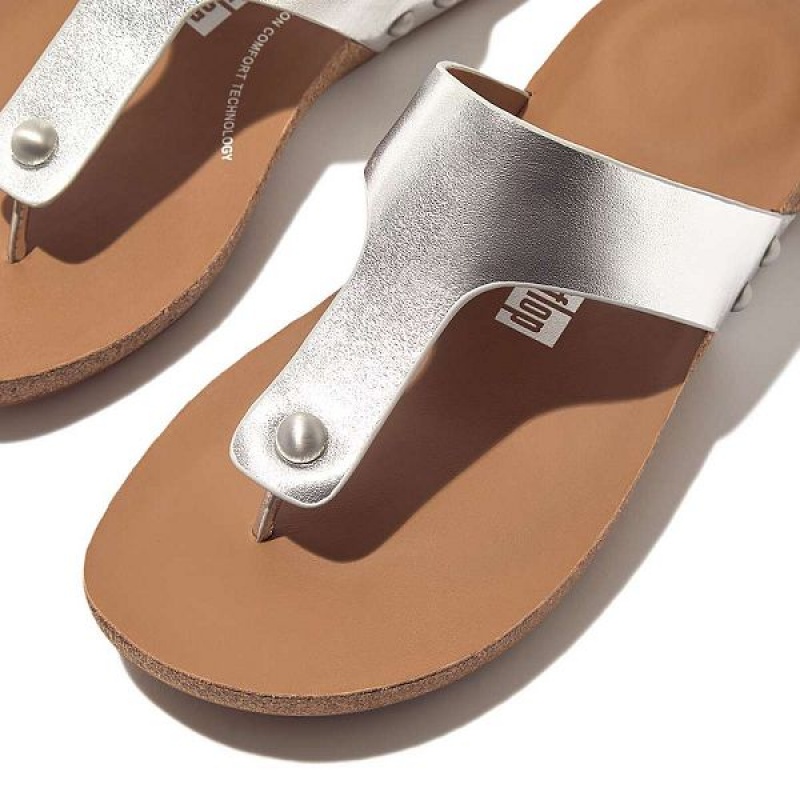 FitFlop Iqushion Metallic Leather Toe-Post Women's Sandals Silver | 531ZUVBIL