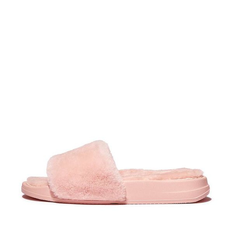 FitFlop Iqushion Shearling Women\'s Slides Pink / Light Blue | 458XHKQMT