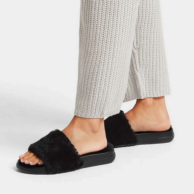 FitFlop Iqushion Shearling Women's Slides Black | 061KOBMEA