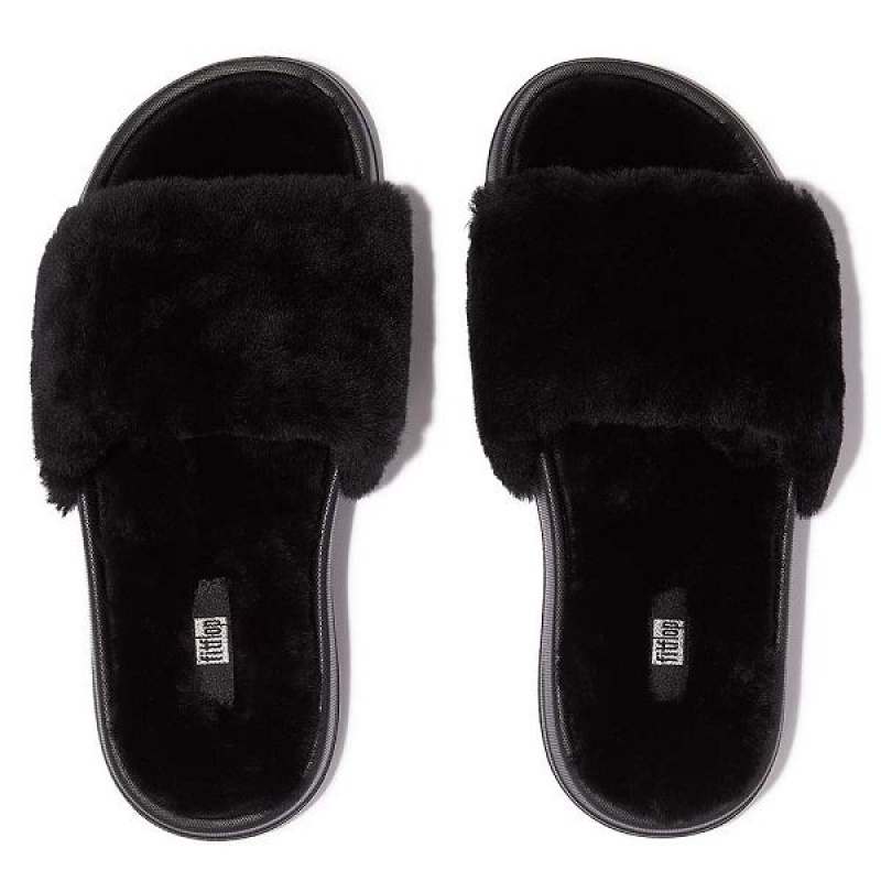 FitFlop Iqushion Shearling Women's Slides Black | 061KOBMEA