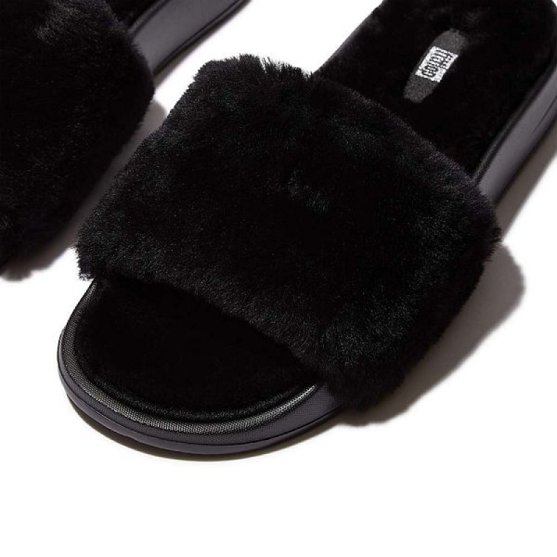 FitFlop Iqushion Shearling Women's Slides Black | 061KOBMEA