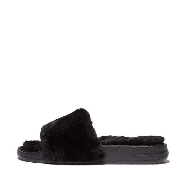 FitFlop Iqushion Shearling Women\'s Slides Black | 061KOBMEA