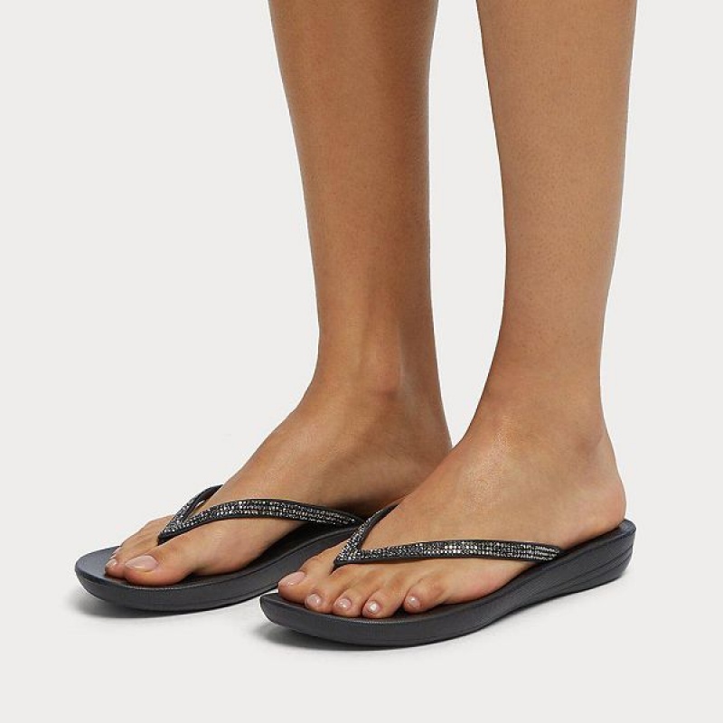 FitFlop Iqushion Sparkle Ergonomic Women's Flip Flops Black | 534QAICZB