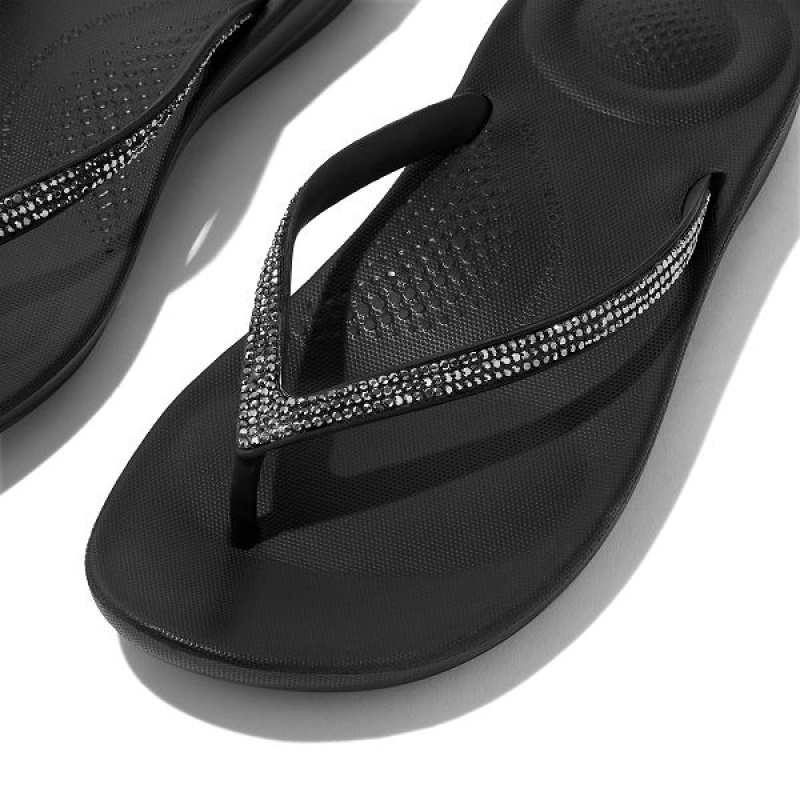 FitFlop Iqushion Sparkle Ergonomic Women's Flip Flops Black | 534QAICZB