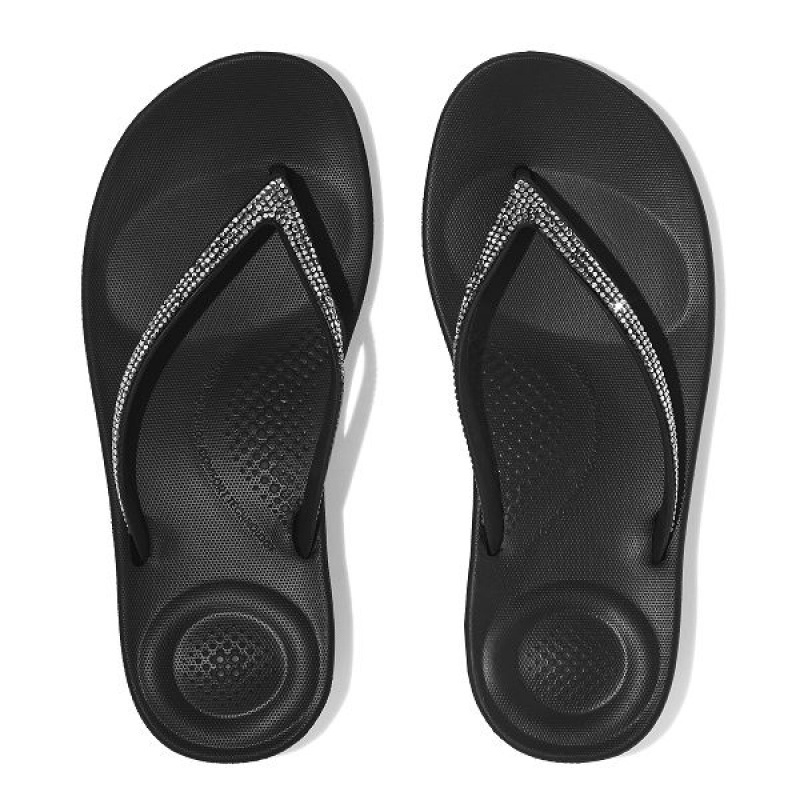 FitFlop Iqushion Sparkle Ergonomic Women's Flip Flops Black | 534QAICZB