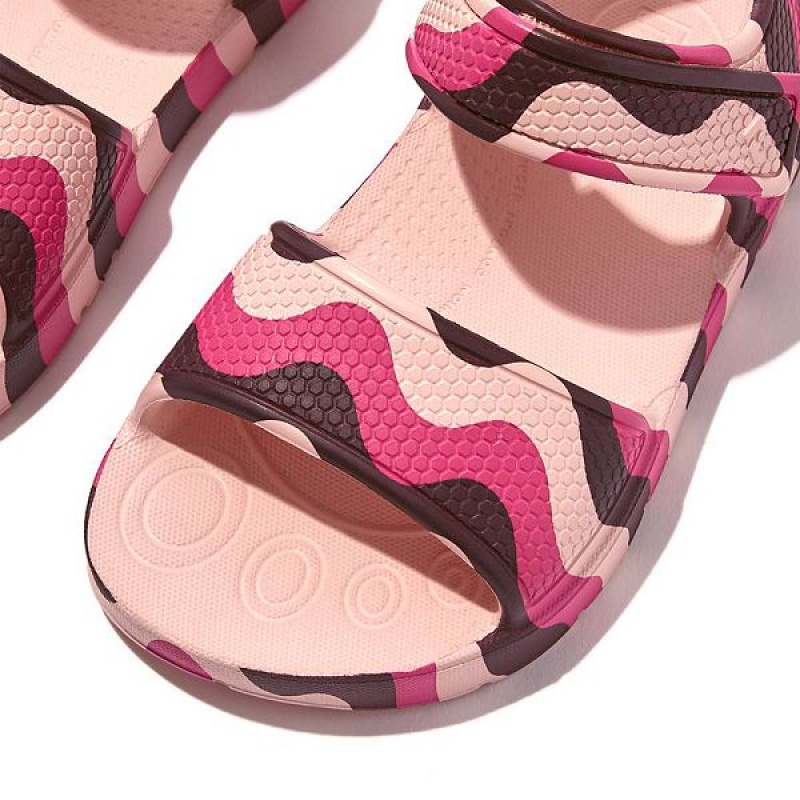 FitFlop Iqushion Toddler Wave Print Ergonomic Back-Strap Kids' Sandals Pink / Light Blue | 490HPMFOK