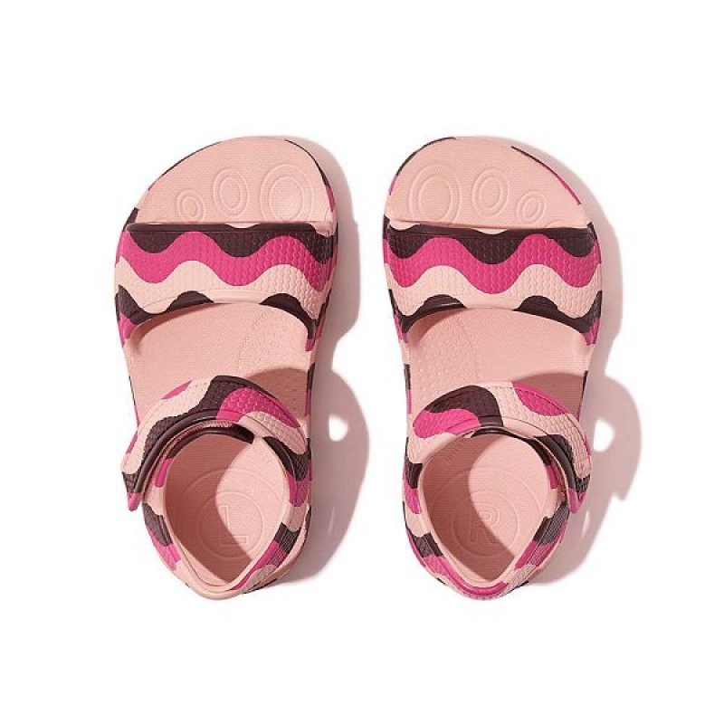 FitFlop Iqushion Toddler Wave Print Ergonomic Back-Strap Kids' Sandals Pink / Light Blue | 490HPMFOK