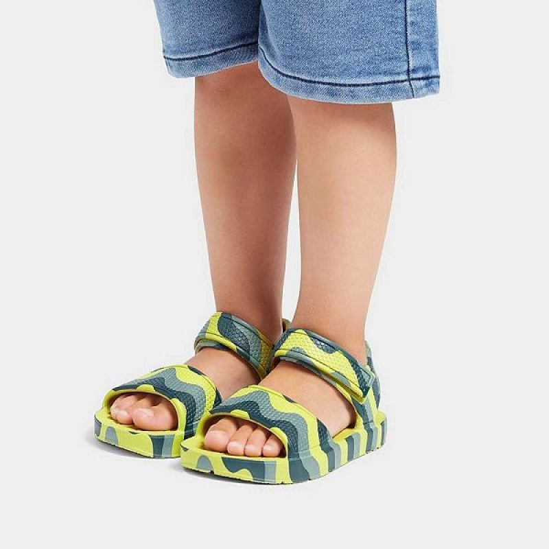 FitFlop Iqushion Toddler Wave Print Ergonomic Back-Strap Kids' Sandals Light Green | 639TYSUPW