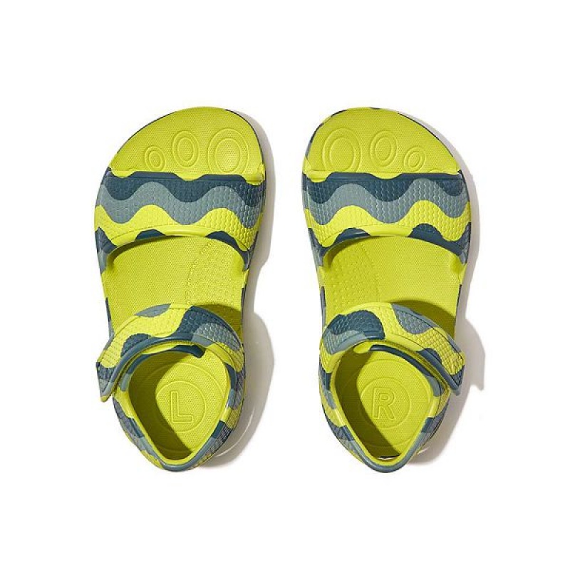 FitFlop Iqushion Toddler Wave Print Ergonomic Back-Strap Kids' Sandals Light Green | 639TYSUPW