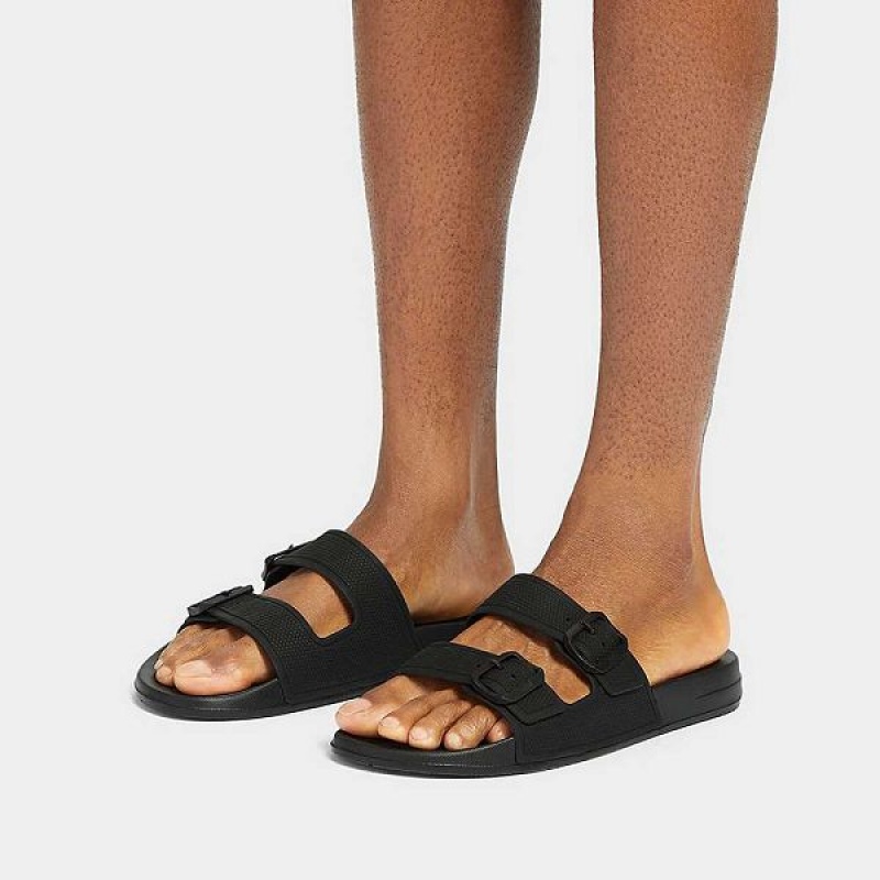 FitFlop Iqushion Two Bar Buckle Men's Slides Black | 158HAVJCR