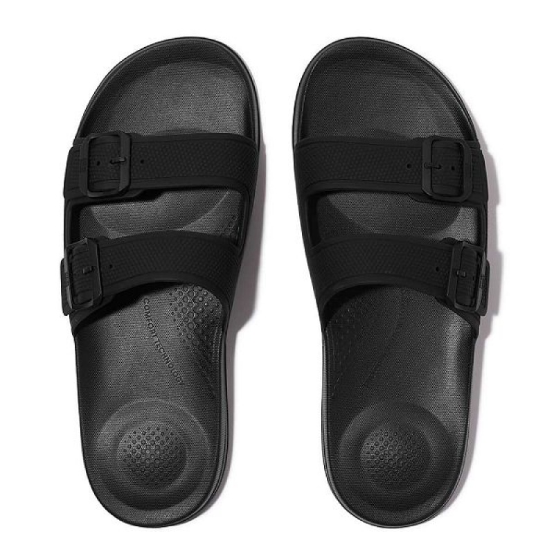 FitFlop Iqushion Two Bar Buckle Men's Slides Black | 158HAVJCR