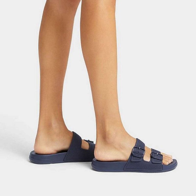 FitFlop Iqushion Two Bar Buckle Women's Slides Navy | 742NTCPBD