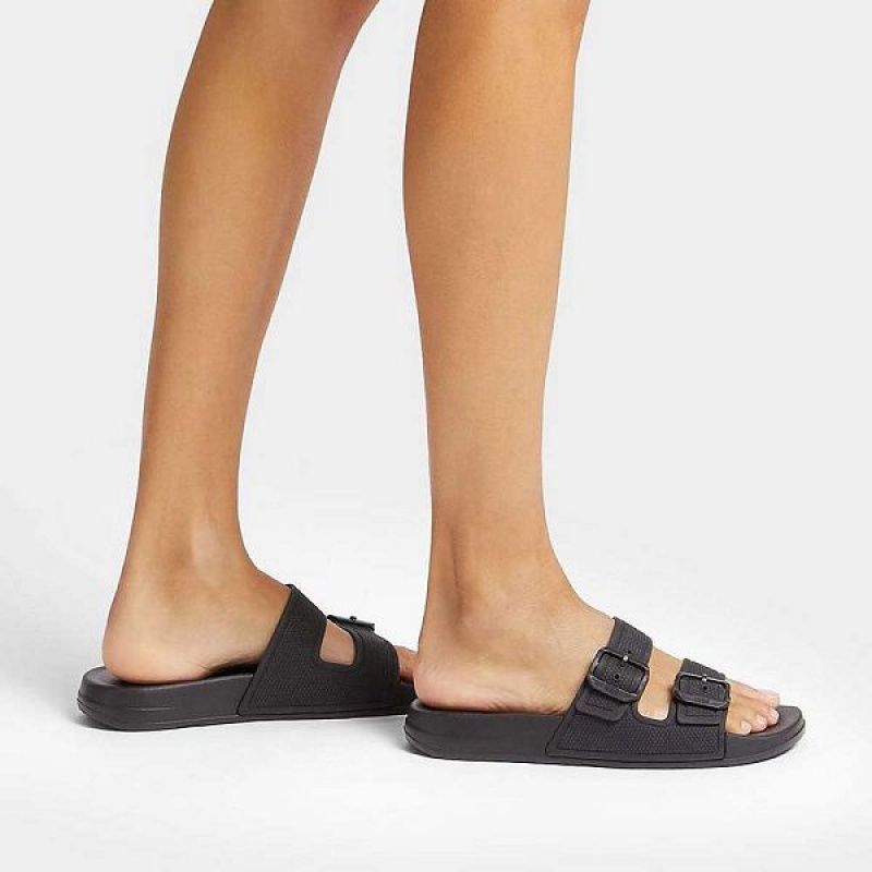 FitFlop Iqushion Two Bar Buckle Women's Slides Black | 612POFLYD