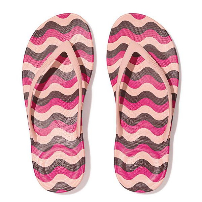 FitFlop Iqushion Wave Print Ergonomic Women's Flip Flops Pink / Light Blue | 846MXAVHG