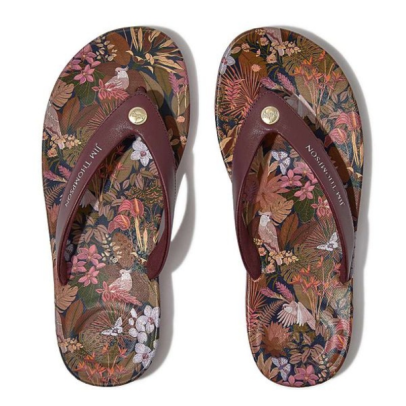 FitFlop Iqushion X Jim Thompson Limited Edition Leather Women's Flip Flops Brown | 893YKAUPT