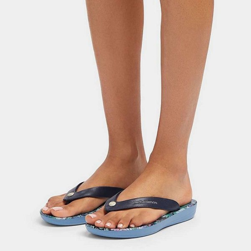 FitFlop Iqushion X Jim Thompson Limited Edition Leather Women's Flip Flops Blue | 540JHNIEX