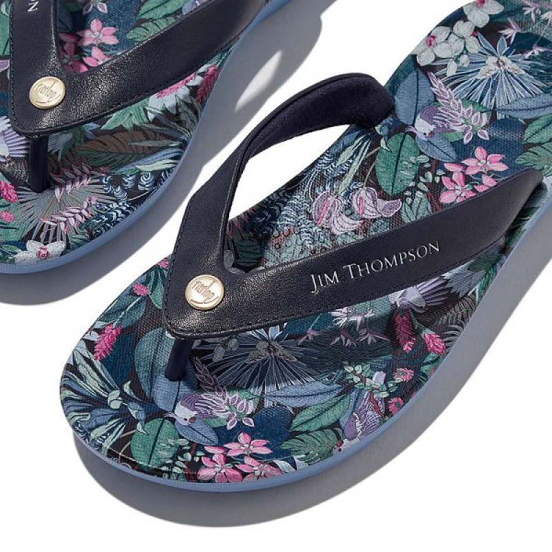 FitFlop Iqushion X Jim Thompson Limited Edition Leather Women's Flip Flops Blue | 540JHNIEX