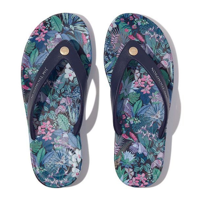 FitFlop Iqushion X Jim Thompson Limited Edition Leather Women's Flip Flops Blue | 540JHNIEX