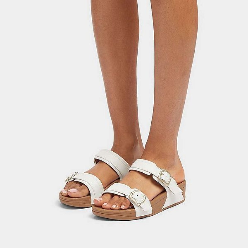 FitFlop Lulu Adjustable Buckle Leather Women's Slides White | 374PFICZX