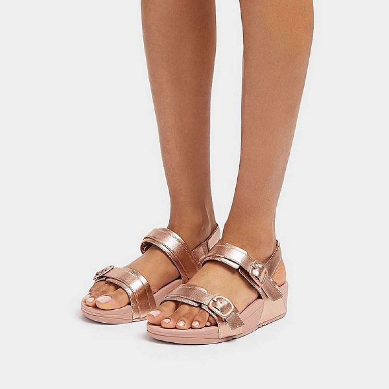 FitFlop Lulu Adjustable Buckle Metallic Leather Back-Strap Women's Sandals Rose Gold | 613SBKUVY