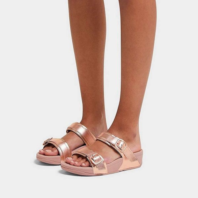 FitFlop Lulu Adjustable Buckle Metallic Leather Women's Slides Rose Gold | 642JCILTX