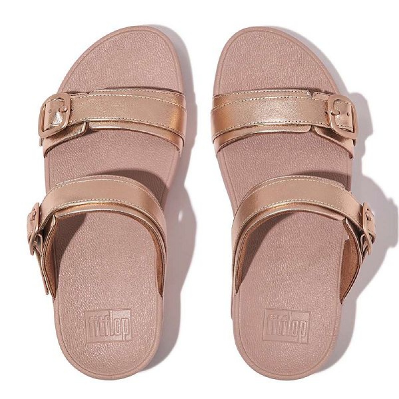 FitFlop Lulu Adjustable Buckle Metallic Leather Women's Slides Rose Gold | 642JCILTX