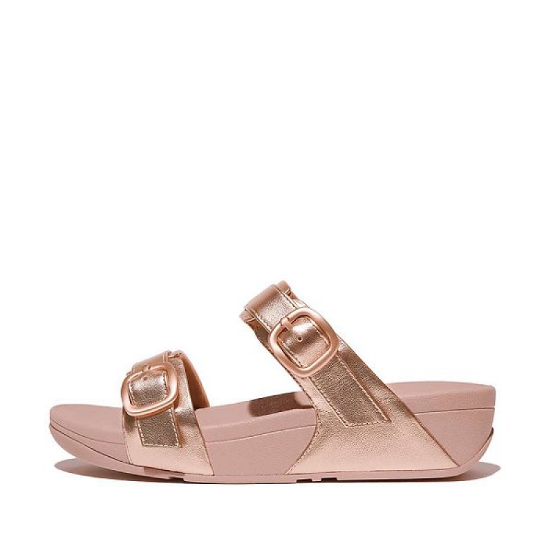 FitFlop Lulu Adjustable Buckle Metallic Leather Women\'s Slides Rose Gold | 642JCILTX